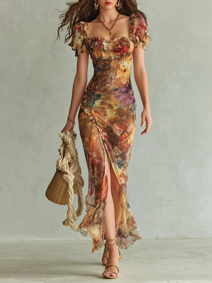Viola | Abito lungo in chiffon arancione con stampa in stile pittura ad olio bohemien