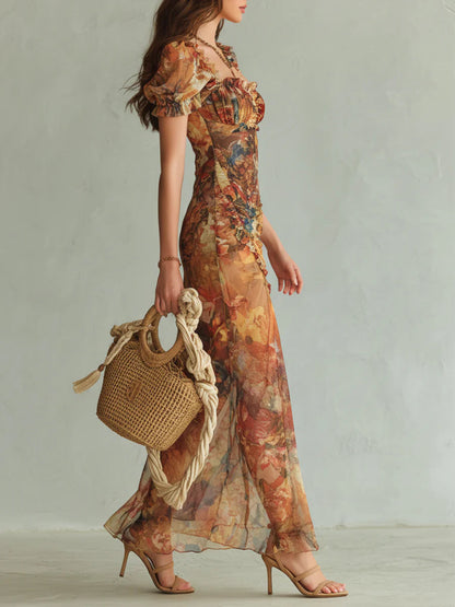 Viola | Abito lungo in chiffon arancione con stampa in stile pittura ad olio bohemien