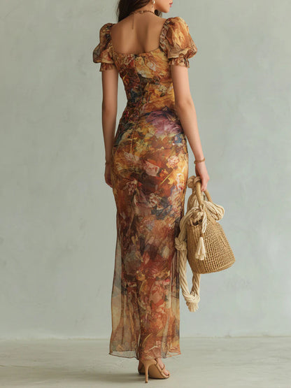 Viola | Abito lungo in chiffon arancione con stampa in stile pittura ad olio bohemien