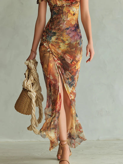 Abito lungo in chiffon arancione con stampa bohemien ispirata a un dipinto ad olio