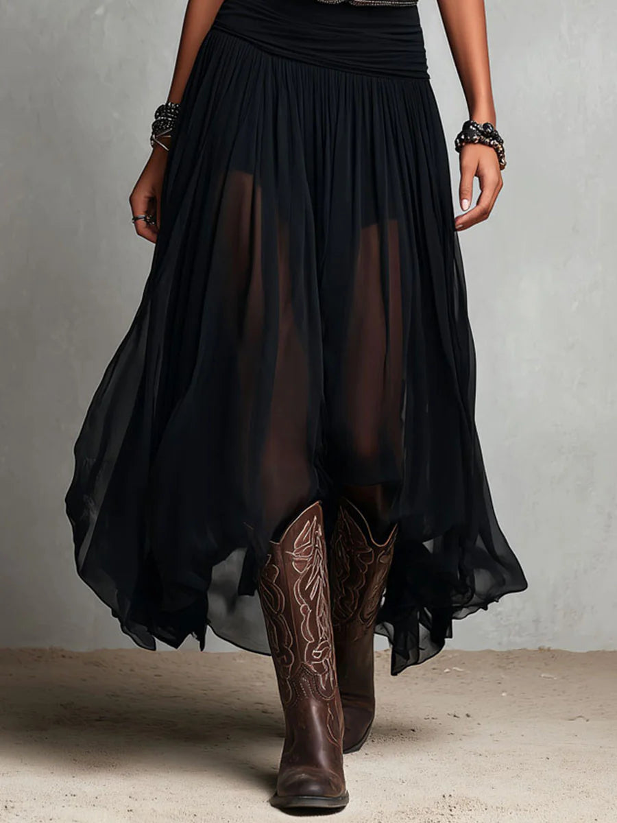 Vestito lungo nero con canotta senza maniche e gonna di tulle (con cintura)