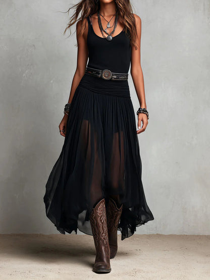 Vestito lungo nero con canotta senza maniche e gonna di tulle (con cintura)