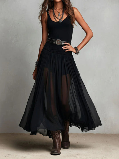 Vestito lungo nero con canotta senza maniche e gonna di tulle (con cintura)