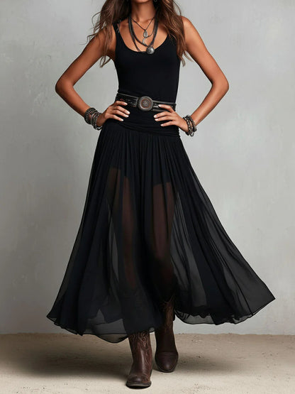 Vestito lungo nero con canotta senza maniche e gonna di tulle (con cintura)