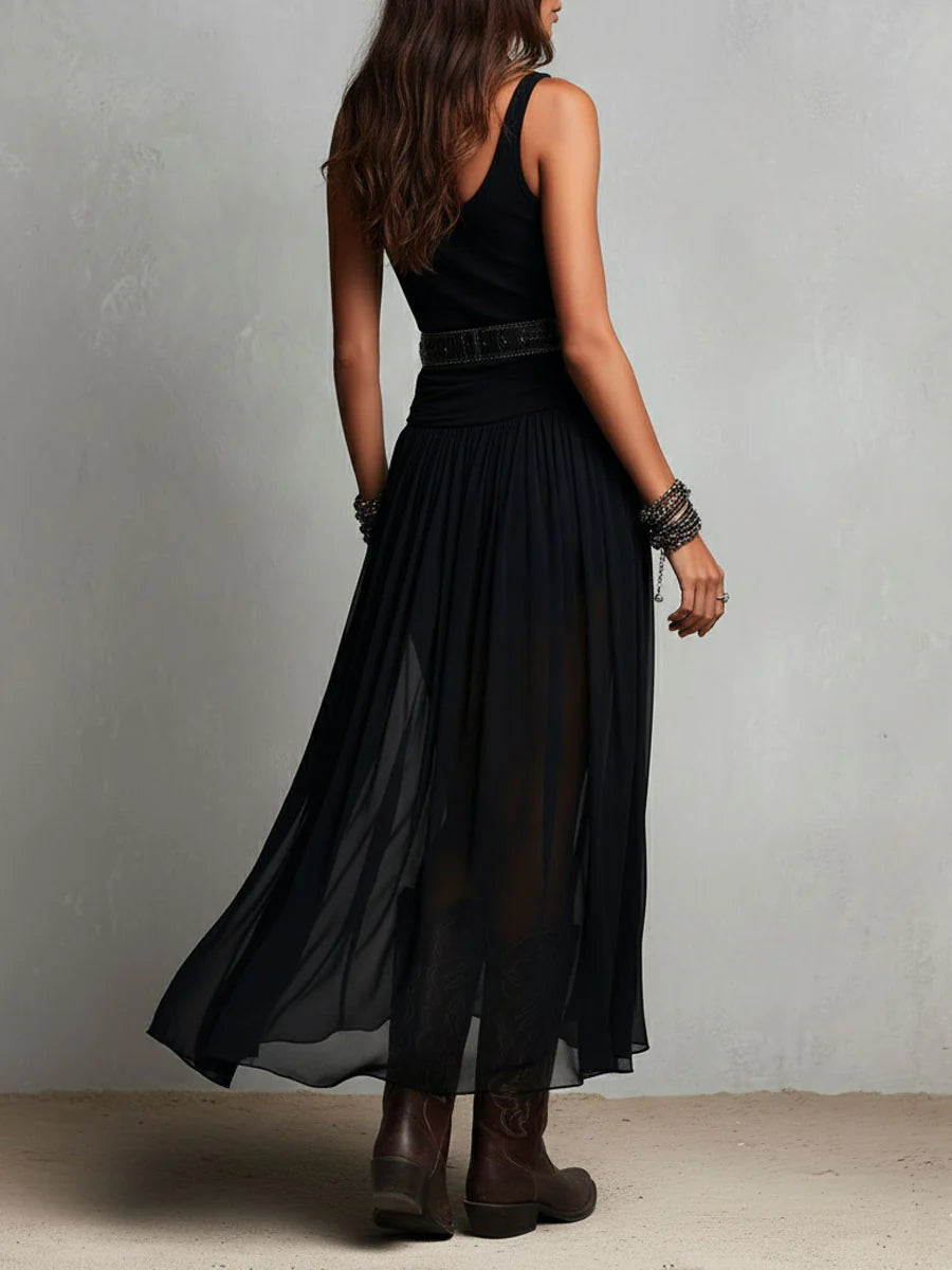Vestito lungo nero con canotta senza maniche e gonna di tulle (con cintura)