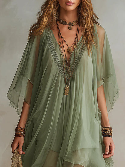 Vestito mini verde in chiffon con scollo a V, a strati, fluido