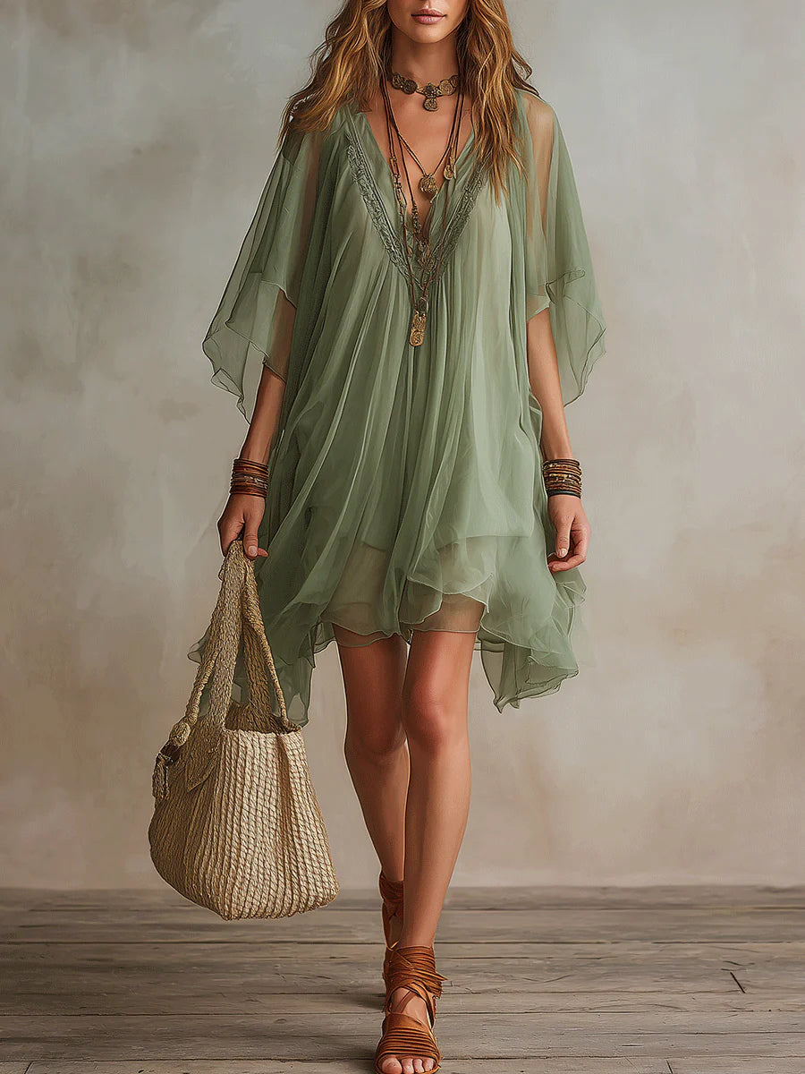 Vestito mini verde in chiffon con scollo a V, a strati, fluido