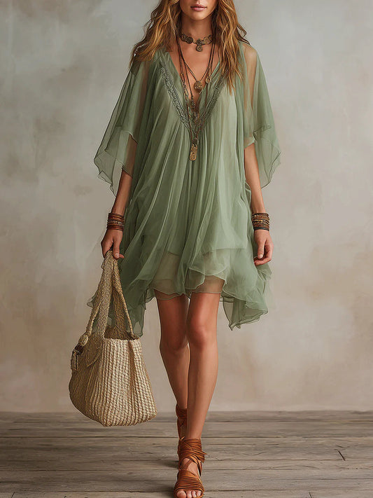 Vestito mini verde in chiffon con scollo a V, a strati, fluido