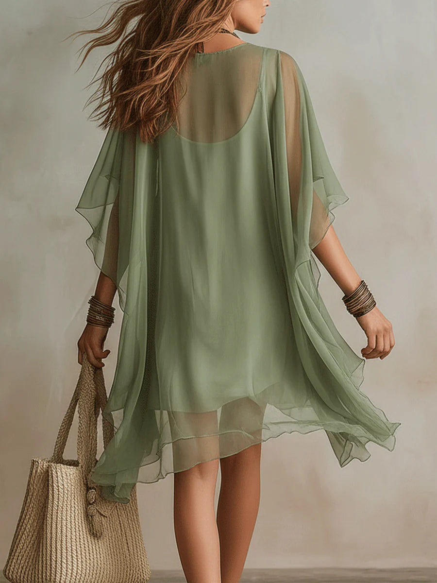 Vestito mini verde in chiffon con scollo a V, a strati, fluido