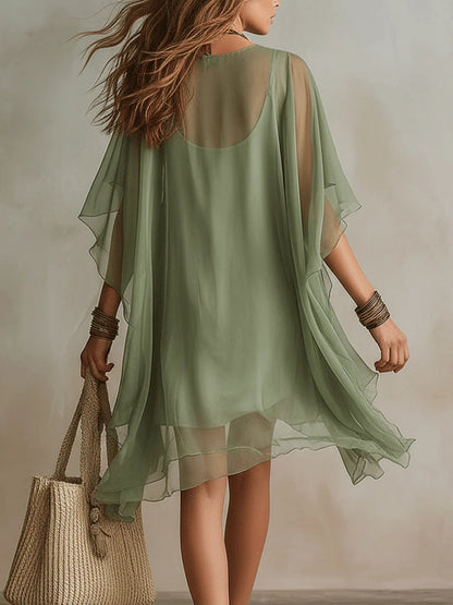Vestito mini verde in chiffon con scollo a V, a strati, fluido