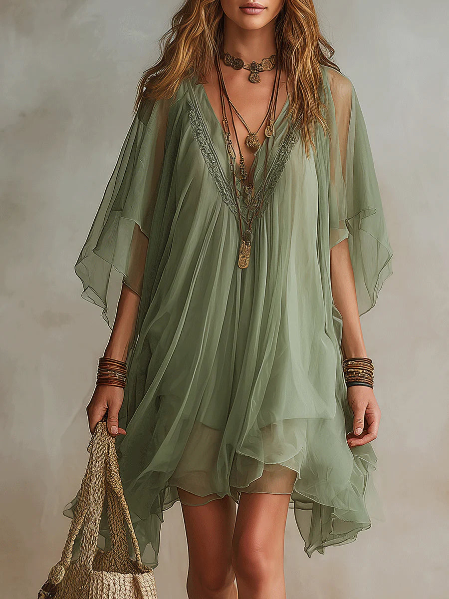 Vestito mini verde in chiffon con scollo a V, a strati, fluido