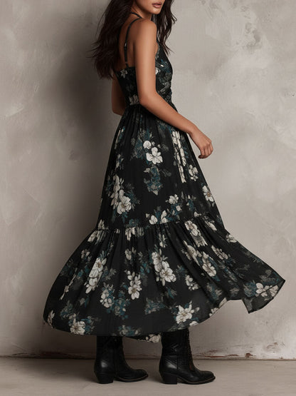 Vestito lungo nero con stampa floreale bohemiana irregolare senza spalline