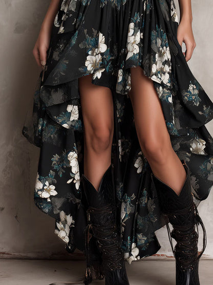 Vestito lungo nero con stampa floreale bohemiana irregolare senza spalline