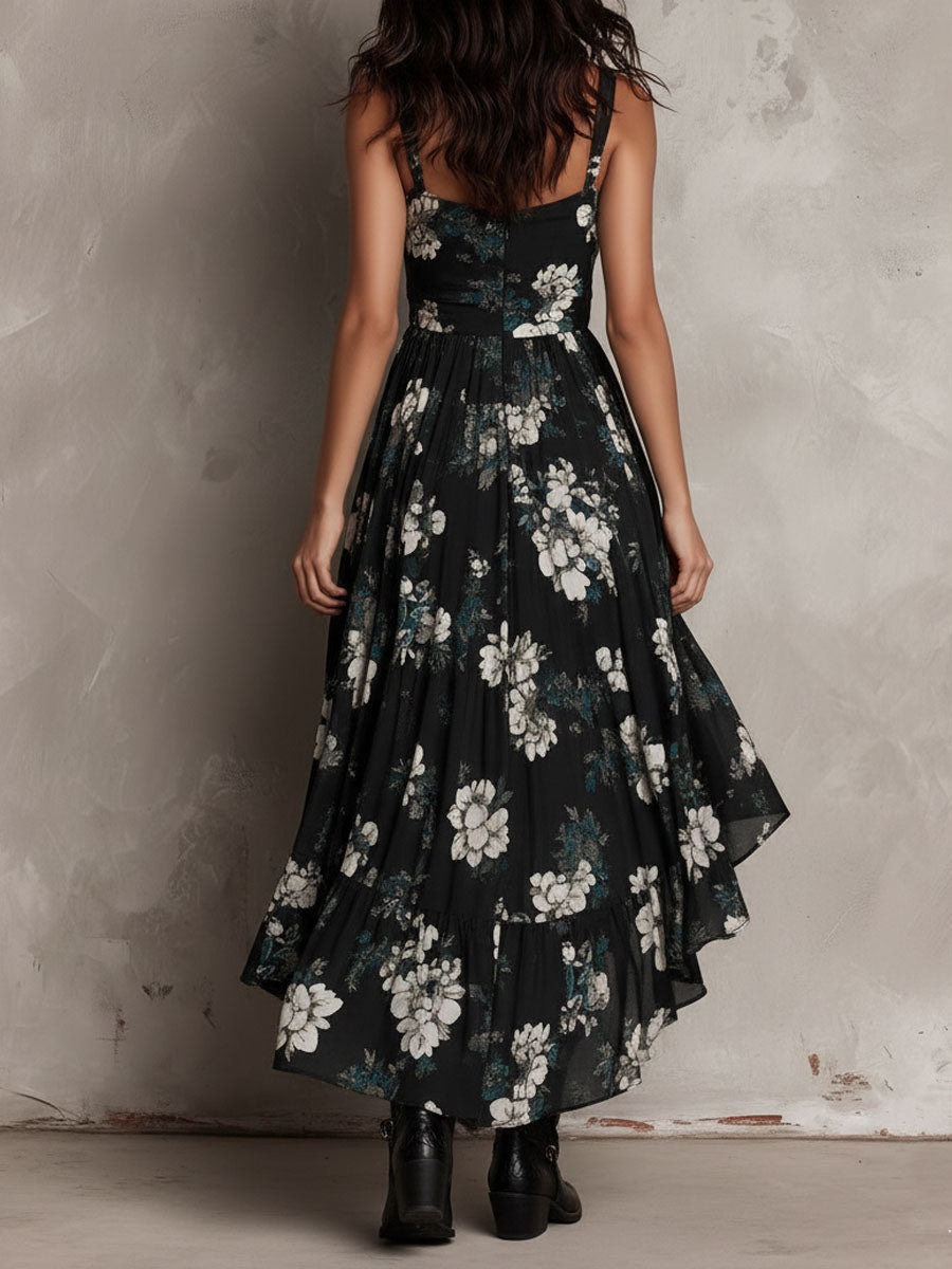 Vestito lungo nero con stampa floreale bohemiana irregolare senza spalline