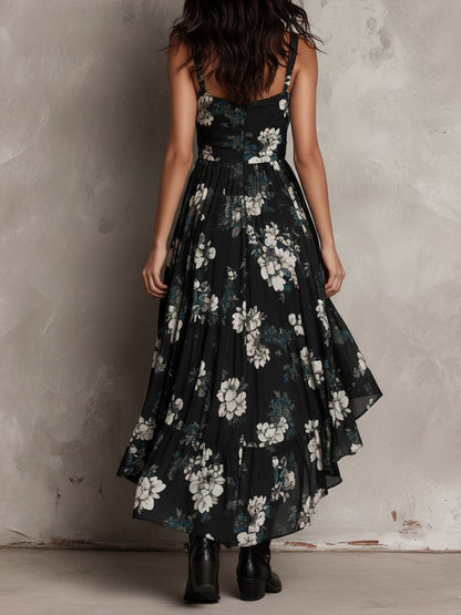 Vestito lungo nero con stampa floreale bohemiana irregolare senza spalline