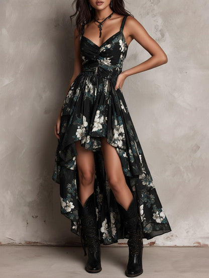 Vestito lungo nero con stampa floreale bohemiana irregolare senza spalline
