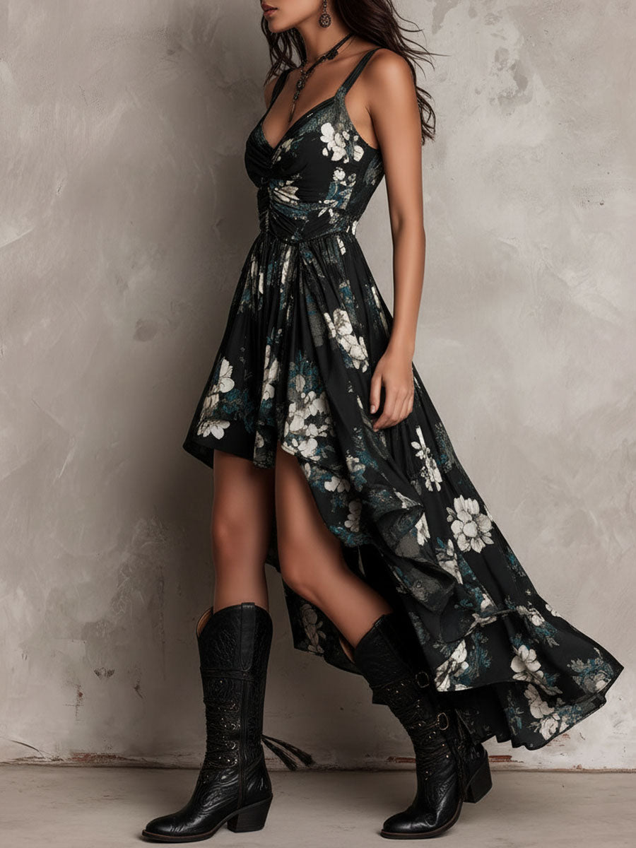 Vestito lungo nero con stampa floreale bohemiana irregolare senza spalline