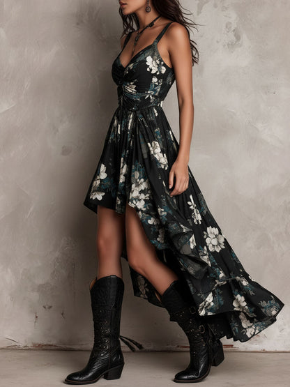 Vestito lungo nero con stampa floreale bohemiana irregolare senza spalline