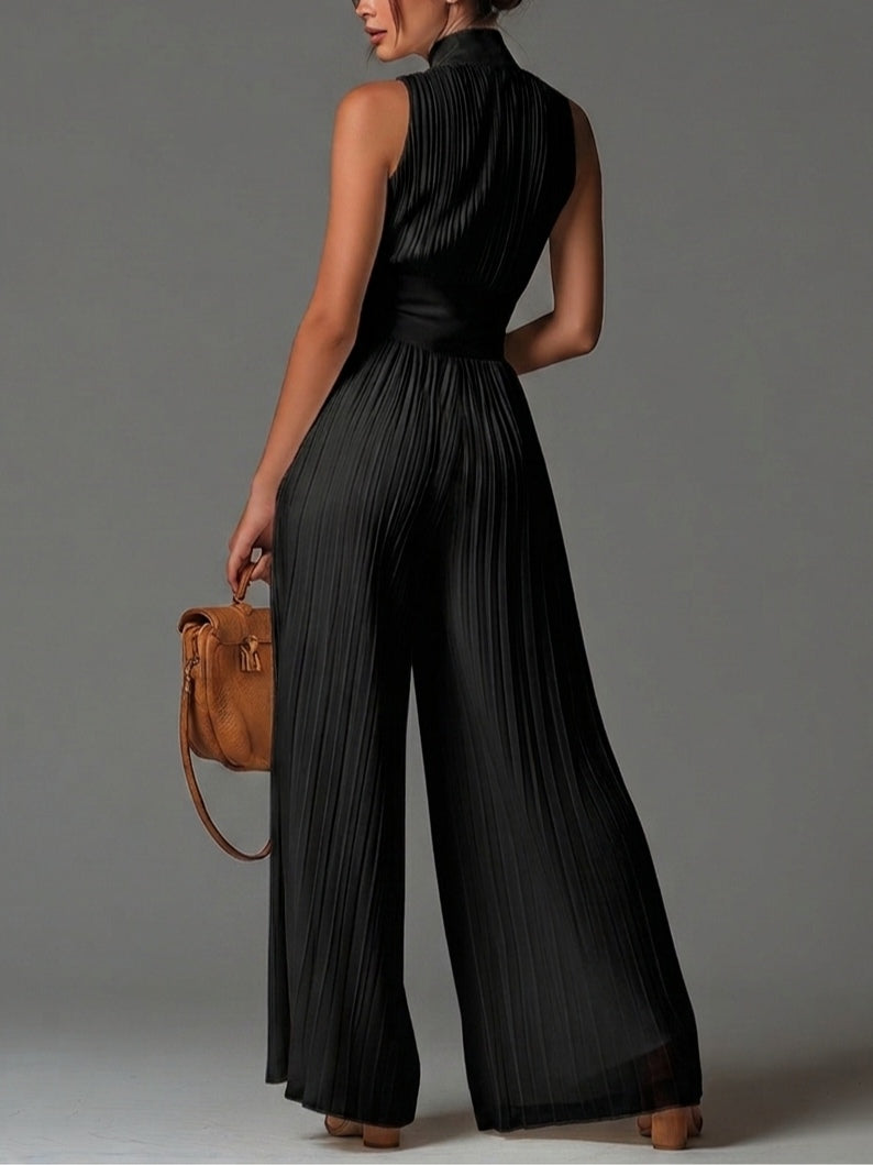 Tuta nera in chiffon con scollo a V, senza maniche, zip frontale, con pieghe, pantaloni a palazzo