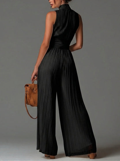 Tuta nera in chiffon con scollo a V, senza maniche, zip frontale, con pieghe, pantaloni a palazzo