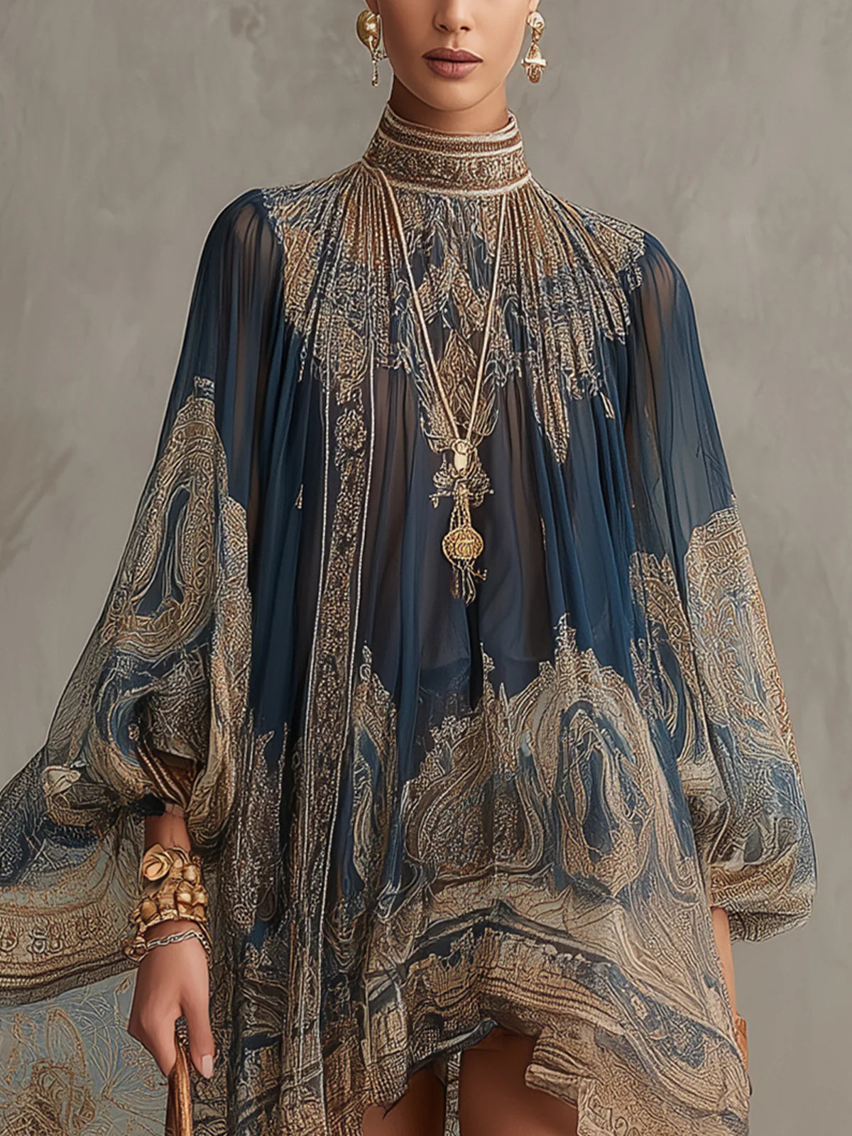 Vestito mini in chiffon blu navy con stampa barocca e collo alto, taglio irregolare