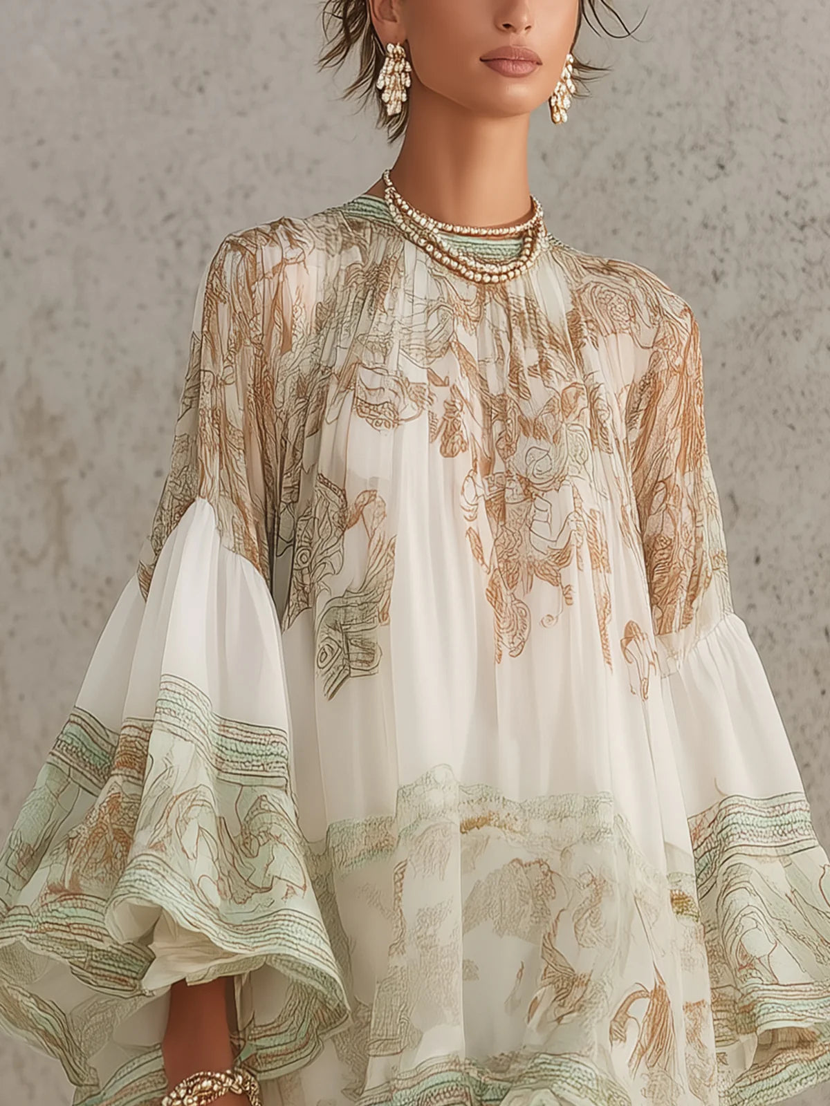 Vestito corto in chiffon con stampa verde, maniche a volant e orlo a volant.