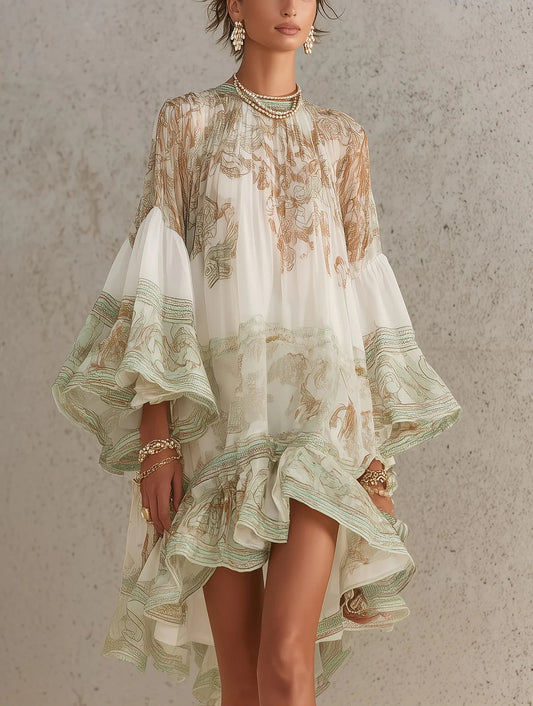 Vestito corto in chiffon con stampa verde, maniche a volant e orlo a volant.