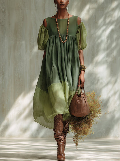 Vestito midi verde in chiffon con spalle scoperte e maniche corte