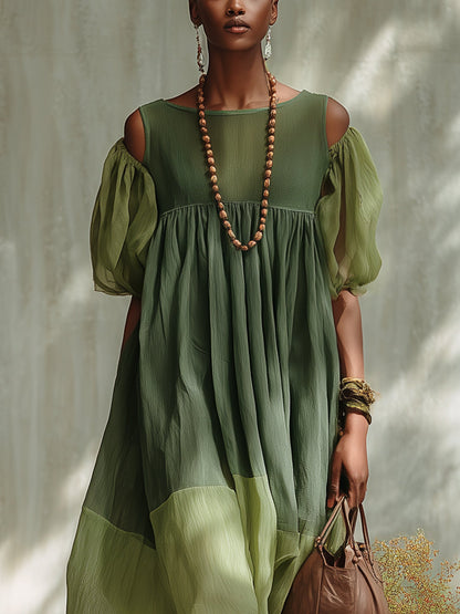 Vestito midi verde in chiffon con spalle scoperte e maniche corte
