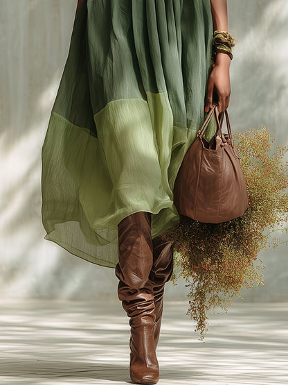 Vestito midi verde in chiffon con spalle scoperte e maniche corte