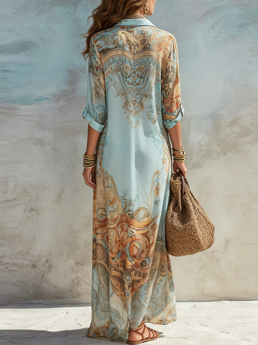 Vestito chemisier lungo con stampa floreale blu
