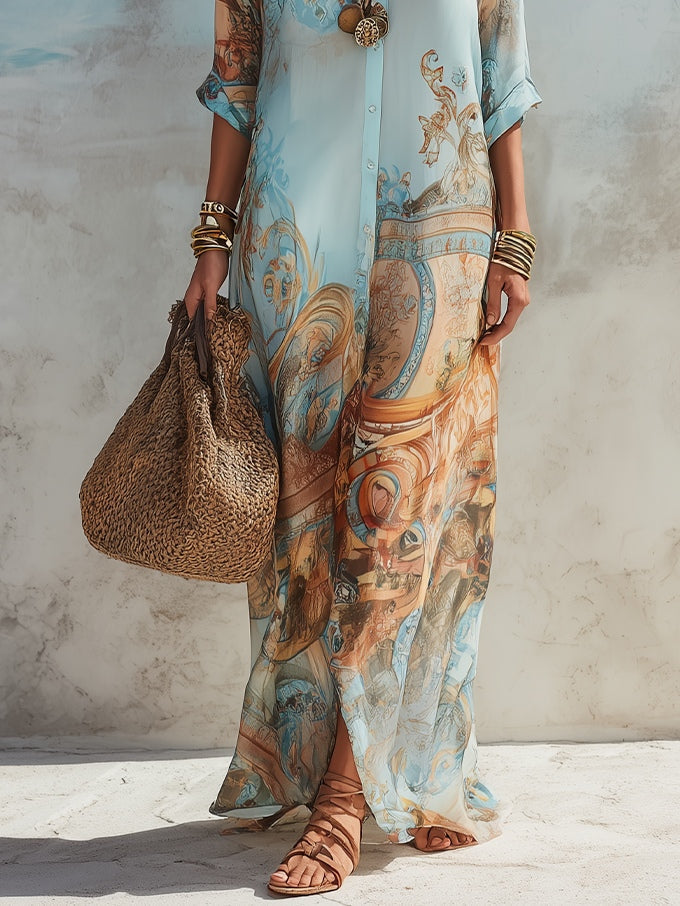 Vestito chemisier lungo con stampa floreale blu