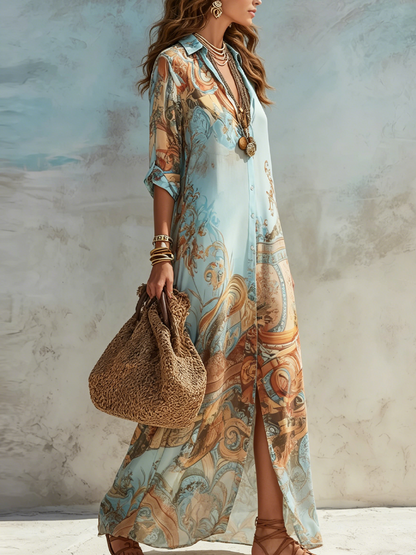 Vestito chemisier lungo con stampa floreale blu