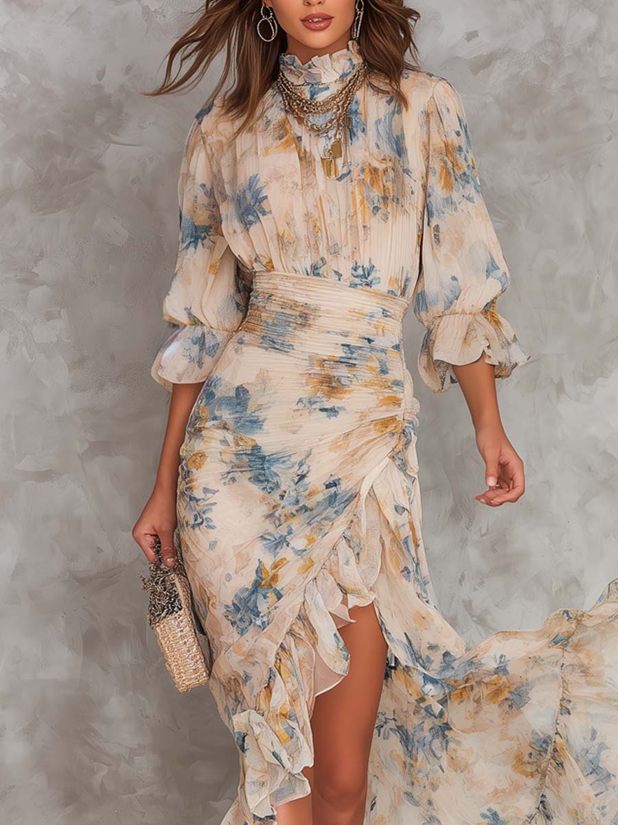 Vestito lungo in chiffon beige con collo alto, stampa floreale effetto pittura ad olio, taglio irregolare