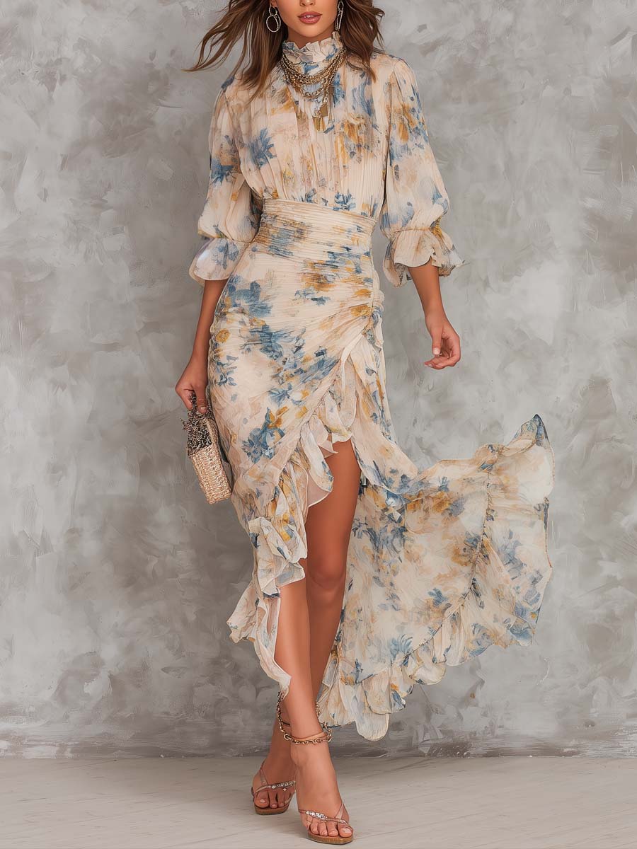 Vestito lungo in chiffon beige con collo alto, stampa floreale effetto pittura ad olio, taglio irregolare
