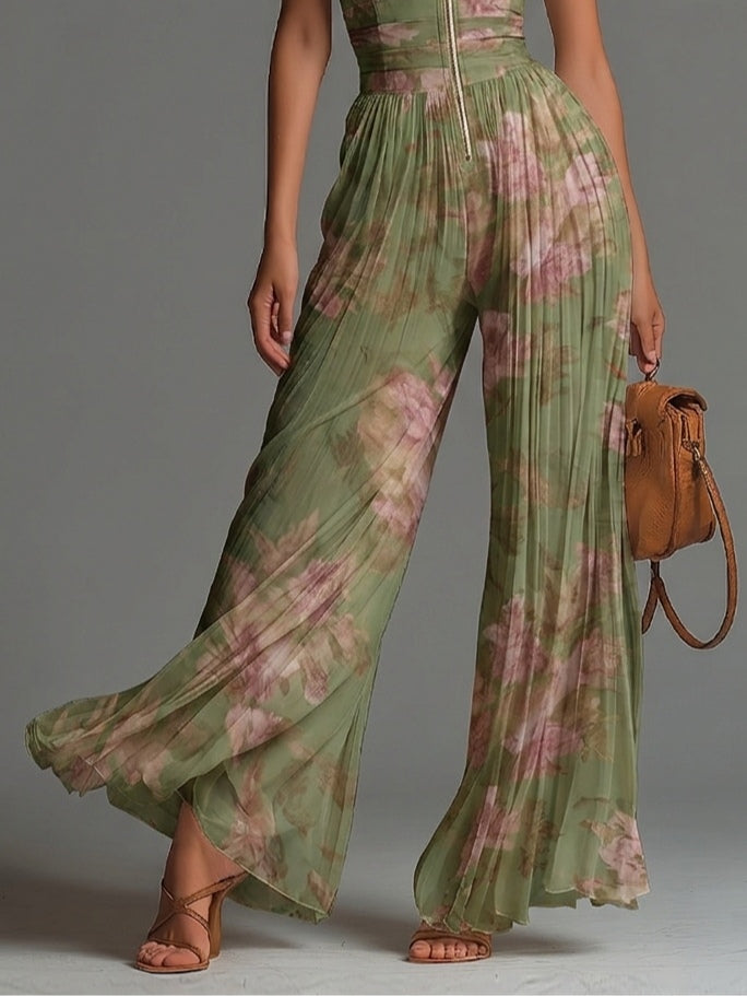 Tuta in chiffon verde a stampa floreale, scollo a V, senza maniche, con zip frontale, con pieghe, a gamba larga
