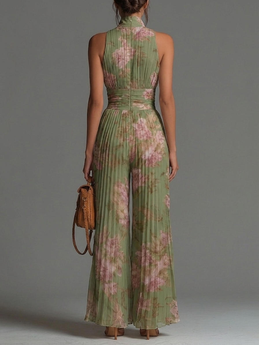 Tuta in chiffon verde a stampa floreale, scollo a V, senza maniche, con zip frontale, con pieghe, a gamba larga