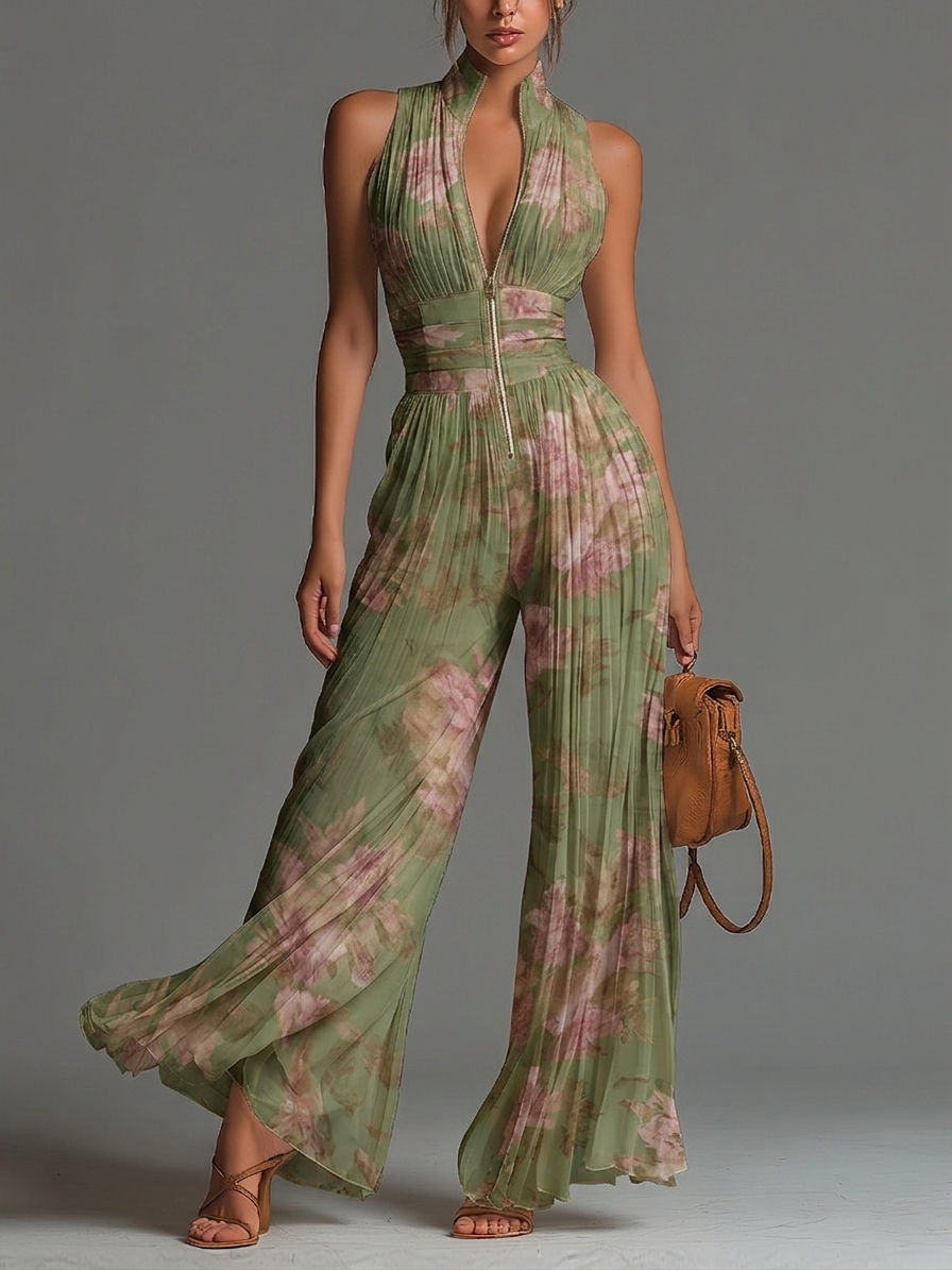 Tuta in chiffon verde a stampa floreale, scollo a V, senza maniche, con zip frontale, con pieghe, a gamba larga