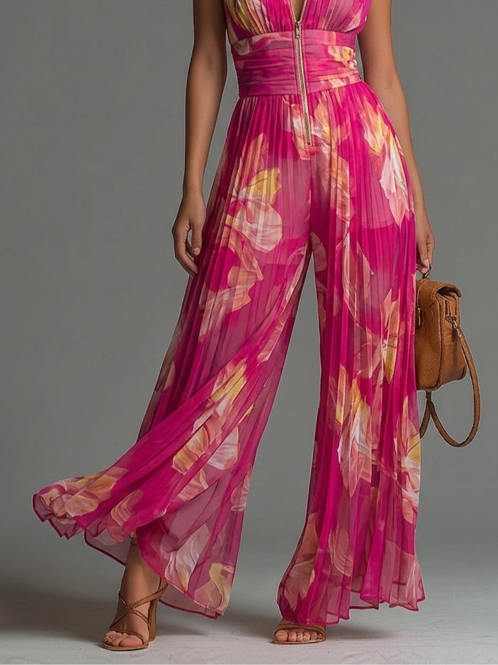 Tuta Zsófia | Chiffon plissettato floreale fucsia • S1