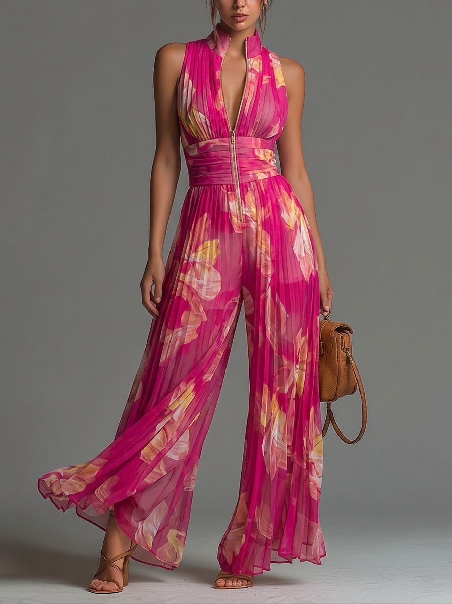 Tuta in chiffon plissettata con stampa floreale fucsia, senza maniche, con cerniera, a gamba ampia