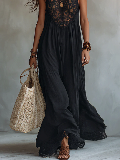 Vestito lungo nero in stile bohemiano senza maniche con bordo in pizzo