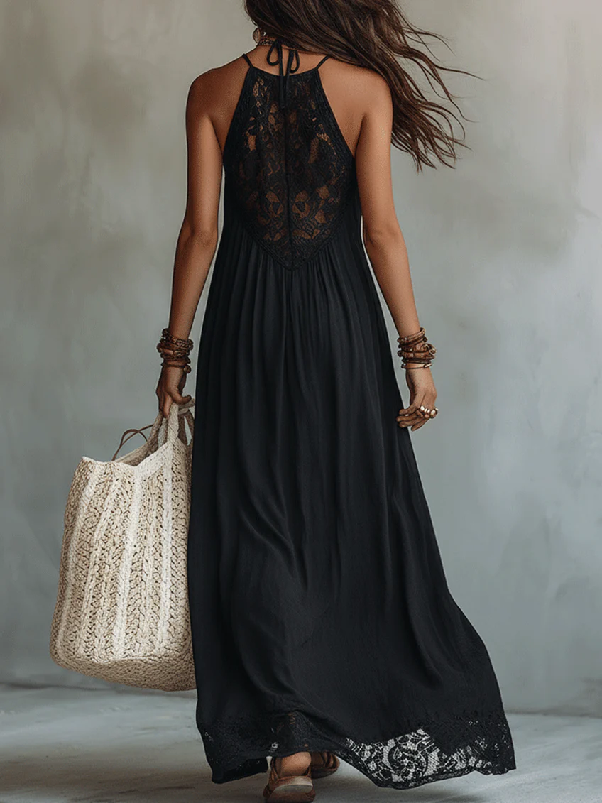 Vestito lungo nero in stile bohemiano senza maniche con bordo in pizzo