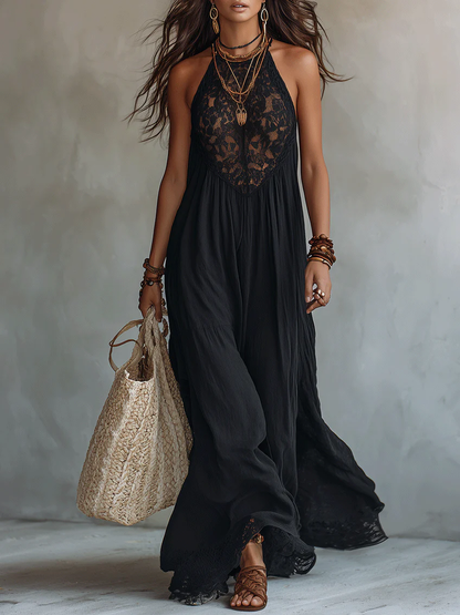 Vestito lungo nero in stile bohemiano senza maniche con bordo in pizzo