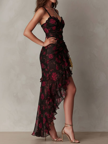 Vestito chic a fantasia floreale nero e rosso, arricciato, con orlo a volant