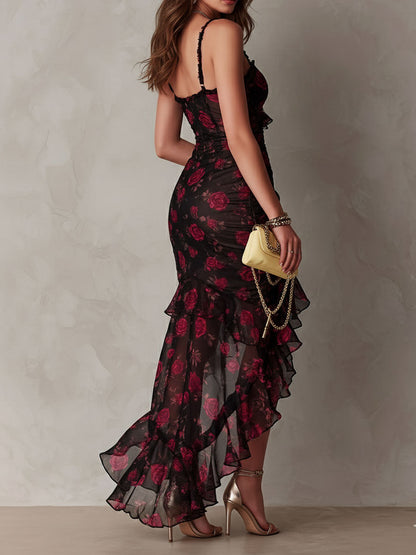 Vestito chic a fantasia floreale nero e rosso, arricciato, con orlo a volant