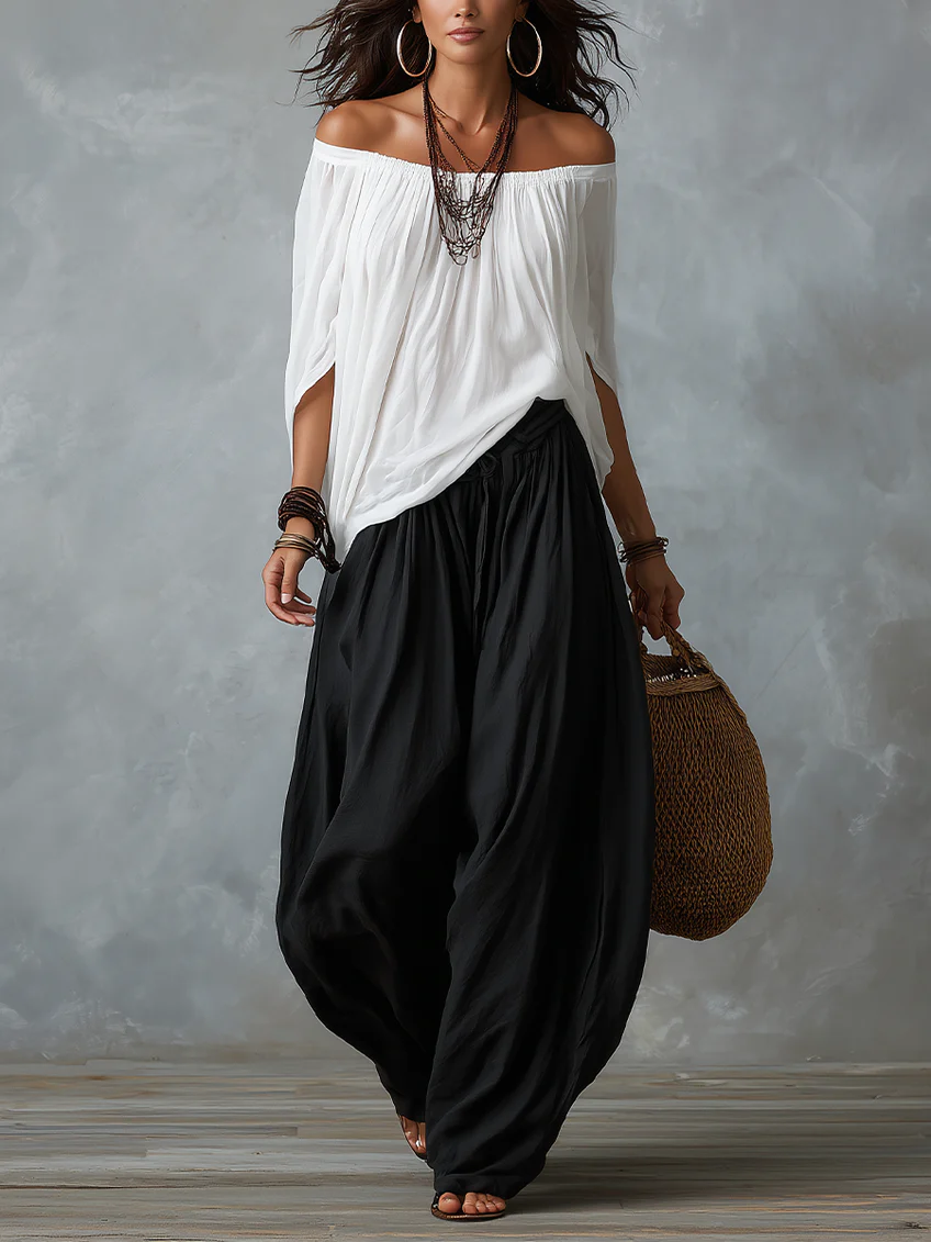 Aaliyah | Top a spalle scoperte e pantaloni a lanterna, set in misto rayon