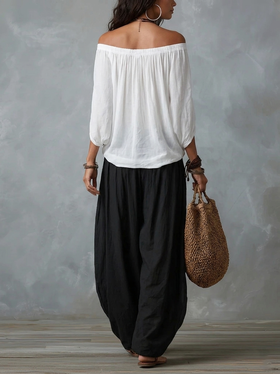 Aaliyah | Top a spalle scoperte e pantaloni a lanterna, set in misto rayon