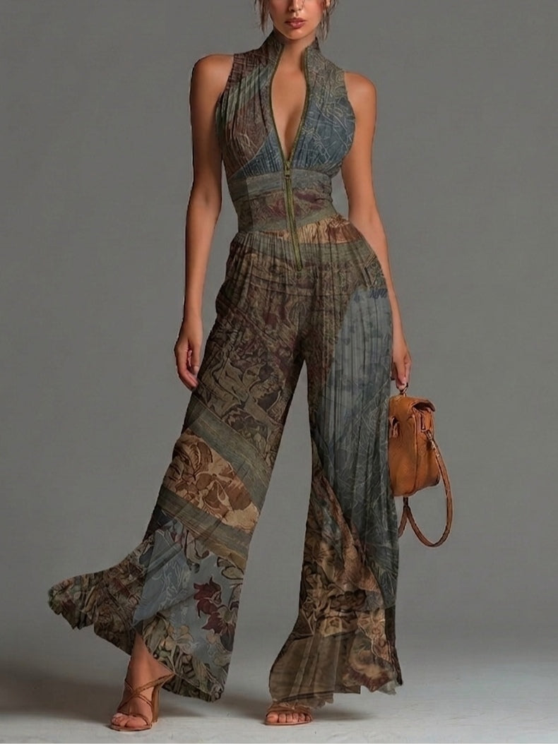 Tuta in chiffon con stampa etnica bohemiana, senza maniche, cerniera, plissettata, a gamba larga