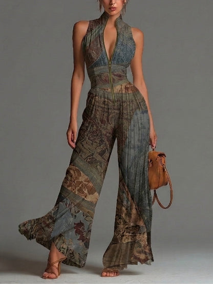 Tuta in chiffon con stampa etnica bohemiana, senza maniche, cerniera, plissettata, a gamba larga