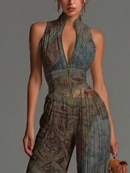 Tuta in chiffon con stampa etnica bohemiana, senza maniche, cerniera, plissettata, a gamba larga